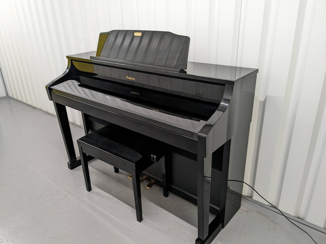 Roland HP508 digital piano and stool in polished glossy black stock number 24054