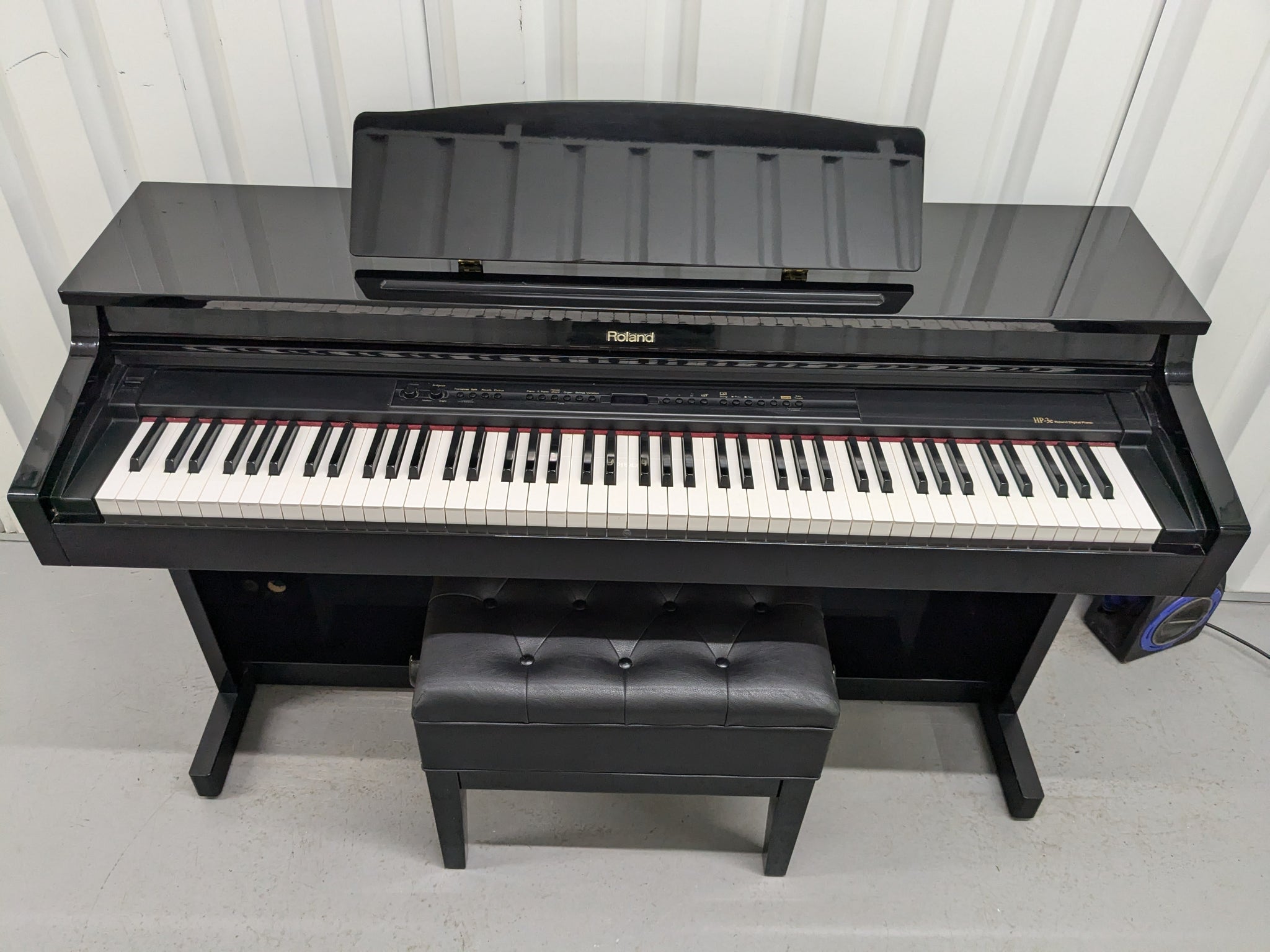Roland HP-3e Digital Piano and stool in glossy black polished