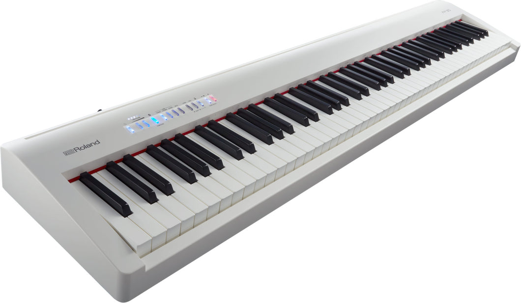 Roland FP30 88 Key Weighted Keys Portable white piano with stand and p – Sulinda Music