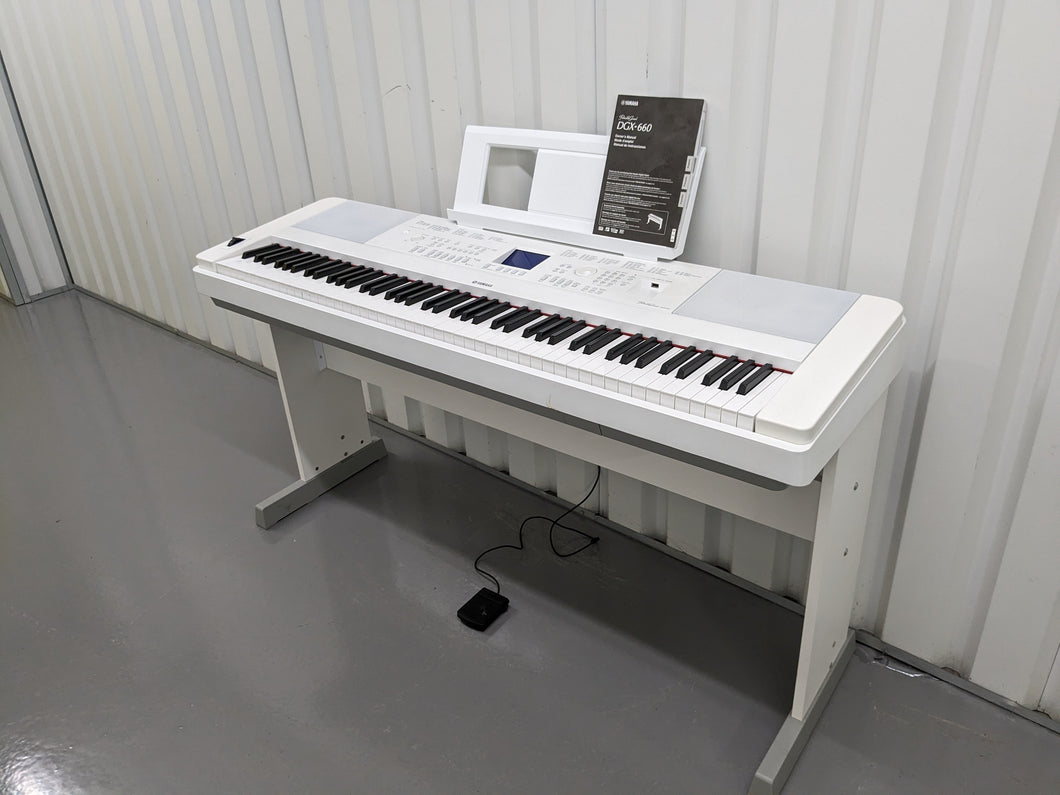 Yamaha DGX-660 in white 88 Key Weighted Keys Portable Grand, stand + pedal stock # 23131
